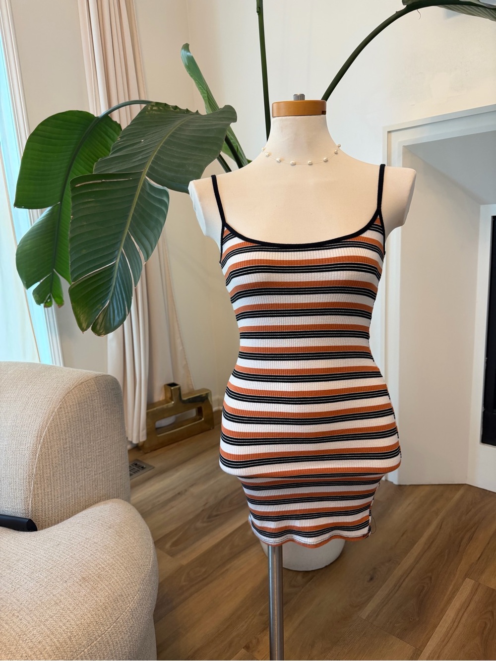 Windsor Striped Ribbed Mini Dress in Orange, Black & White